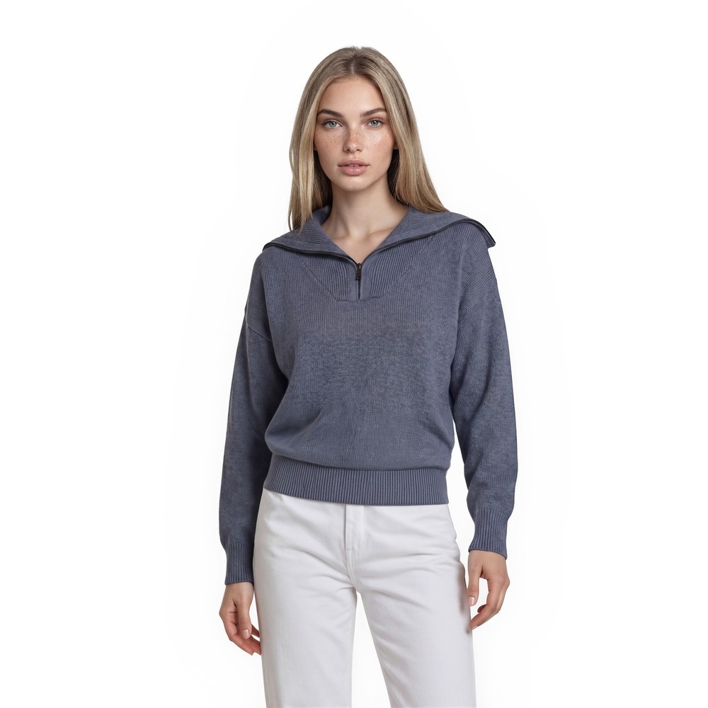 Tahari Sweater Women's Size Medium Blue Quarter Zip Sailor Collar Knit Pullover